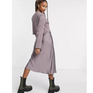 All Saints Benno Long Sleeve Slip Satin Dress 2-in-1